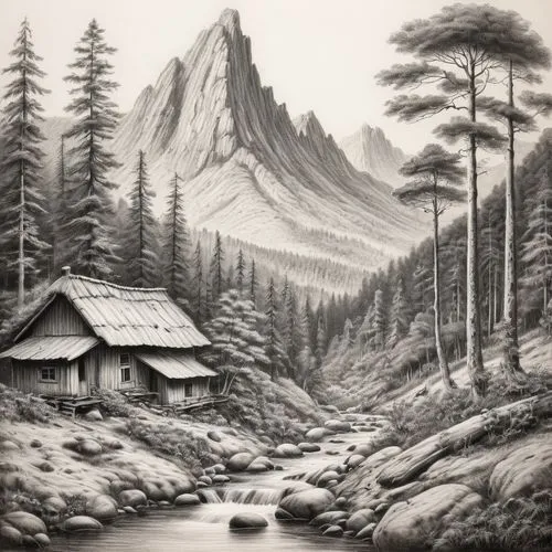 mountain scene,mountain landscape,landscape background,japan landscape,salt meadow landscape,forest landscape,Illustration,Black and White,Black and White 35