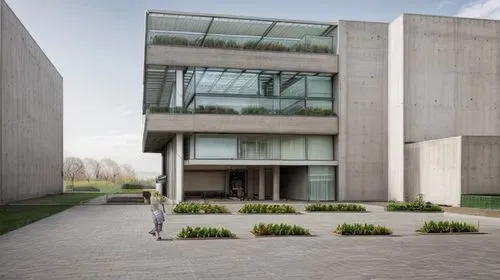 PUBLIC BUILDING MADE OF CONCRETE AND GLASS WITH AND ORCHARD WITH  VEGETABLES AND PEOPLE, NEIGHBOUR BOULDING OF GLASS, GREENHOUSE AT THE TOP,exposed concrete,modern architecture,house hevelius,glass fa