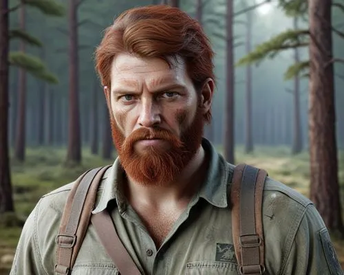 a man with long red hair and a beard and suspenders,redbeard,zebrowski,lumberman,paleobotanist,eldershaw,bushranger