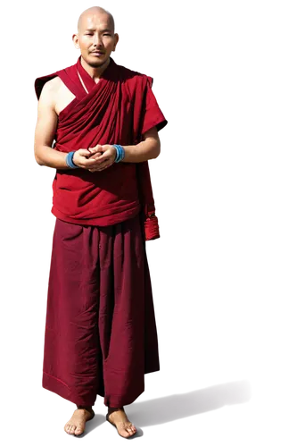 Ladakhi monk, prayer beads, crimson robes, shaved head, wispy beard, aged face, wrinkled hands, traditional Tibetan clothing, Buddhist ornaments, serene expression, standing in a monastery, warm sunli