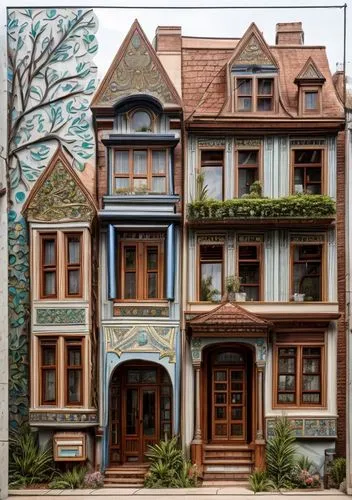 houses clipart,half-timbered,brownstone,art nouveau,half timbered,art nouveau design,victorian house,painted lady,house painting,victorian,architectural style,beautiful buildings,facade painting,exter