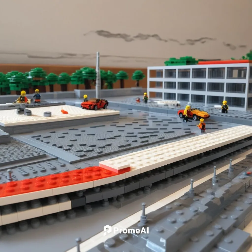 SP+A style architecture, Rendered in style of lego,lego city,miniland,race track,micropolis,lego background,raceway,rescue helipad,parking lot under construction,hospital landing pad,racetrack,autodro