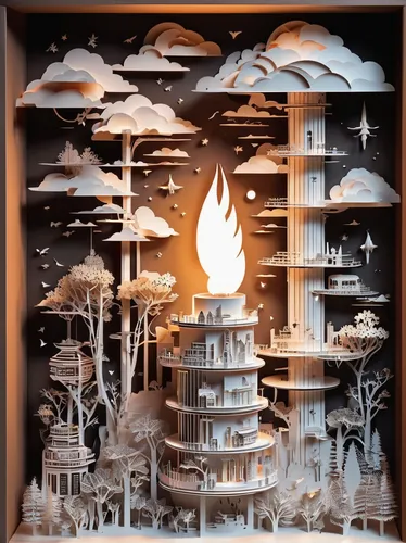 Imagine a futuristic world where lighters have become advanced gadgets.,paper art,diorama,bookcase,bookshelf,bookshelves,dolls houses,book wall,wood art,book pages,display window,snowglobes,shelving,s