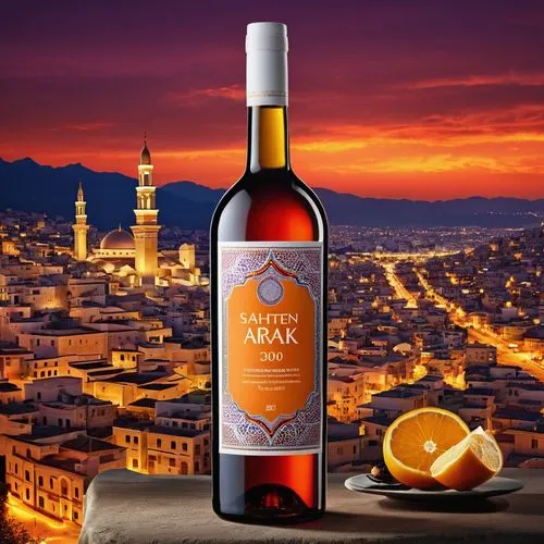 the label "Sahtein Arak 300ml," a vibrant and exotic wine label designed to integrate lebanese elements into the surface, creating a visually stunning juxtaposition of colors and shapes. The colors ar