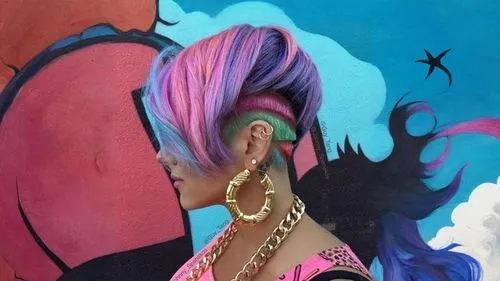 unicorn art,brooklyn street art,mohawk,graffiti art,streetart,pink hair,pink flamingo,street artist,graffiti,street artists,girl with a dolphin,half profile,unicorn background,unicorn head,feathered hair,profile,pink flamingos,painted wall,venice beach,feather jewelry