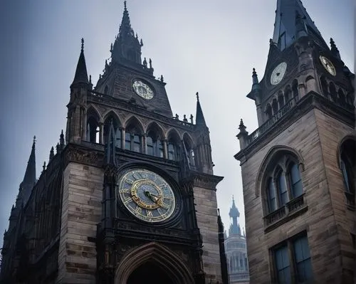 Ancient skyscraper, Gothic tower architecture, intricate stone carvings, stained glass windows, grand entrance, ornate iron doors, majestic clock tower, sprawling cityscape, cloudy afternoon, soft war