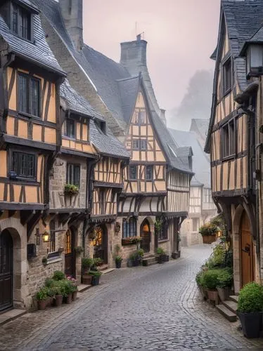 Normandy architecture, medieval stone buildings, half-timbered houses, steeply pitched roofs, ornate Gothic windows, intricate carvings, rustic wooden doors, cobblestone streets, quaint village scene,