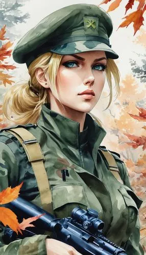 Metal Gear Solid 3, Snake Eater Eva, female protagonist, green military uniform, beret, blonde hair, bright blue eyes, sniper rifle, camouflage, Russian wilderness, autumn leaves, misty forest, foggy 