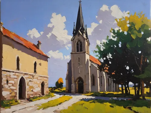 Emiy Coonan, Church at Notre-Dame-du-Portage (Near Cacouna) Oil on canvas board, 14 x 11 in (35.6 x 27.9 cm),church painting,fredric church,church,notre dame de sénanque,fortified church,asamkirche,ch