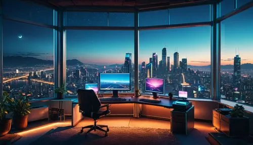 a room with a desk and a computer on it with a city view in the background at night time, Beeple, computer art, cyberpunk style, cyberpunk art,a room with some computer and keyboard on a desk,modern o