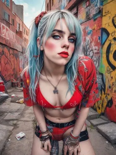 BILLIE eILISH IN RED BIKINI, GRAFFITI, MURAL DE CIUDAD ,harley quinn,bodypaint,harley,bodypainting,graffiti,body painting,body art,tattoo girl,neon body painting,grunge,graffiti art,street artist,red 