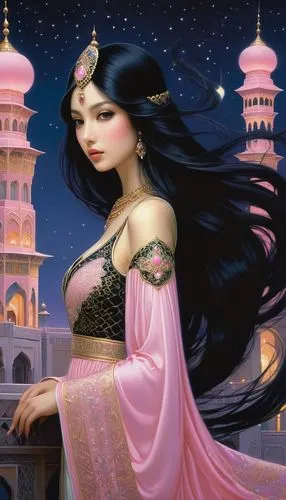 rem in arabian nights,oriental princess,sheherazade,oriental girl,orientalist,orientalism,Illustration,Realistic Fantasy,Realistic Fantasy 08