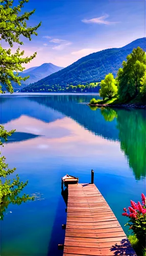 Beautiful landscape, serene atmosphere, vibrant colors, rolling hills, sparkling lake, misty mountains, lush green trees, blooming flowers, wooden dock, sailboat, sunny day, soft warm lighting, panora