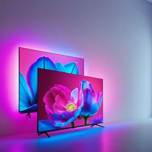 A two philips tv with colorful abstract flower with vibrant pink, blue, and purple and led light effect on the background,plasma tv,oleds,flower wall en,exhibited,televisions,oled,frame rose,color wal