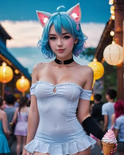 cat ears,asian costume,japanese kawaii,kawaii ice cream,pi mai,cosplay image,phuquy,ice cream stand,rei ayanami,japanese idol,cosplay,cotton candy,disney character,cosplayer,shaved ice,tiber riven,bun cha,milky,kawaii,anime girl,Photography,General,Realistic