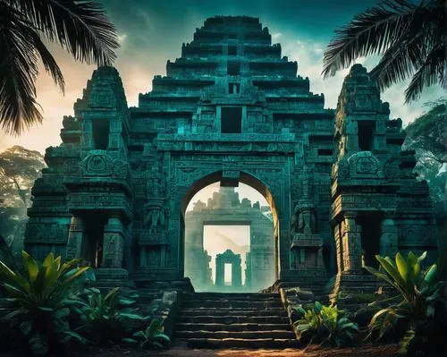 Futuristic architecture, Aztec-inspired, ancient Mayan ruins, intricate stone carvings, vibrant turquoise accents, majestic pyramid structure, ornate entrance gates, mysterious jungle surroundings, ex