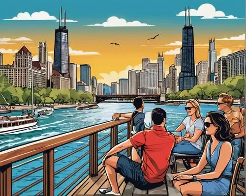 water taxi,waterfronts,chicago,riverboats,schuiten,bizinsider,chicago skyline,cityhopper,schuitema,travelzoo,riverfront,background image,lakefront,paddlewheeler,hakeim,travel poster,chicagoan,riverways,river seine,cityscapes,Unique,Design,Sticker