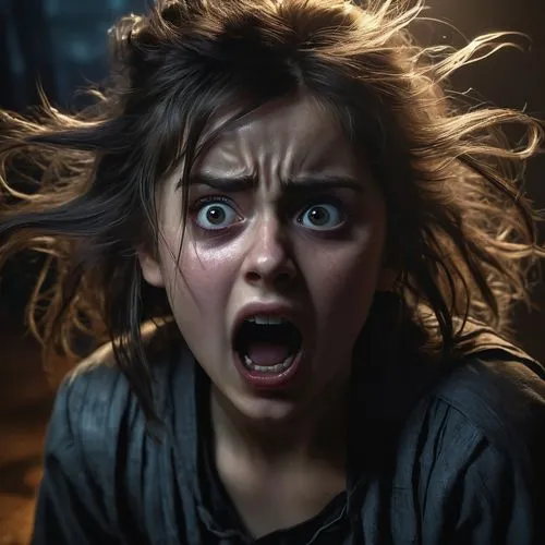 1 girl, horrified expression, wide open eyes, screaming, messy hair, dramatic lighting, dark and gloomy atmosphere, haunting, creepy, unsettling, (best quality,4k,8k,highres,masterpiece:1.2),ultra-det