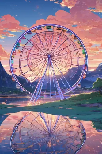 ferris wheel,high wheel,amusement ride,amusement park,carousel,cosmos wind,big wheel,wheel,cosmos field,euphonium,paddlewheel,prize wheel,merry-go-round,bicycle wheel,fairground,diamond lagoon,electric arc,hamster wheel,rim of wheel,circus stage,Illustration,Retro,Retro 08