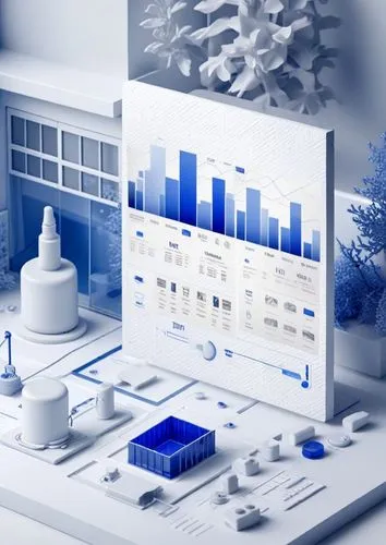 蓝色色调,an abstract poster with diagrams and buildings in the background,industry 4,cognos,microstock,datametrics,bitkom,blur office background