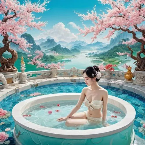 water lotus,bathtub,fantasy picture,xiaofei,flower water,spa,jacuzzis,jasmine blossom,wishing well,thermal spring,lotus blossom,oriental princess,water bath,yifei,beauty room,the girl in the bathtub,lotus pond,japanese sakura background,spa water fountain,bath