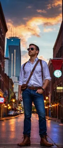 Male photographer, 30s, Nikon camera, sunglasses, casual outfit, jeans, white shirt, brown boots, holding reflector, standing, Nashville cityscape, Broadway, country music venue, neon lights, nighttim