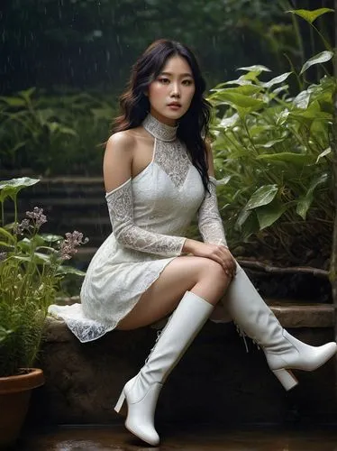 white boots,white winter dress,vietnamese woman,garden white,vietnamese,white dress,garden fairy,kaew chao chom,asian woman,portrait photography,bia hơi,perched on a log,xuan lian,rou jia mo,vintage asian,rubber boots,bjork,ao dai,white blossom,white beauty,Photography,Fashion Photography,Fashion Photography 10