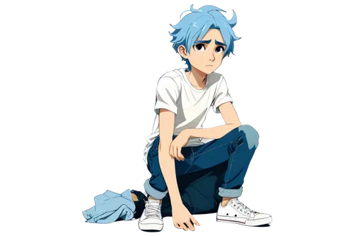 2d,anime cartoon,anime boy,sakana,sits on away,male poses for drawing,png transparent,jeans background,anime 3d,sitting,blue-collar worker,blue shoes,denim background,anchovy,cleanup,bluish,cyan,child is sitting,overall,blue asterisk,Unique,Design,Character Design