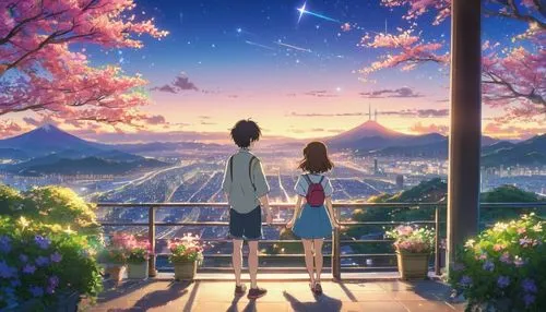 romantic scene,japanese sakura background,sakura background,romantic night,beautiful moment,beauty scene,tsumugi kotobuki k-on,sakura trees,night-blooming jasmine,the cherry blossoms,violet evergarden,starry sky,girl and boy outdoor,summer evening,falling flowers,芦ﾉ湖,dream world,idyll,sakura tree,evening atmosphere,Illustration,Japanese style,Japanese Style 02