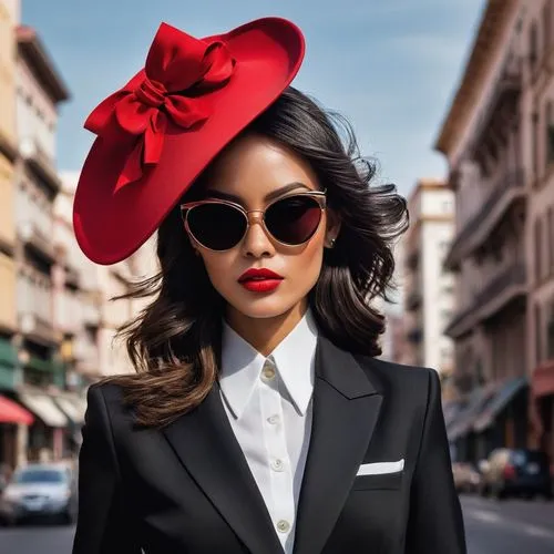 In the heart of the city, a sleek and stylish woman wearing a tailored tuxedo and oversized red hat stands in front of their eyes, holding a stylish display. Her dress billows in the breeze, and she w