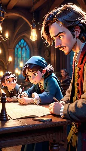 gnomes at table,rumpelstiltskin,lampwick,rumplestiltskin,children studying,miniaturist,Anime,Anime,Cartoon