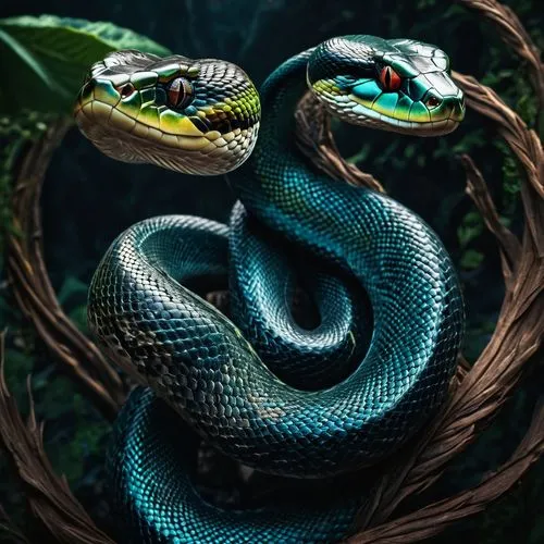 vertically two snake intertwined around the full body magic,green tree snake,tree snake,african house snake,green snake,blue snake,emerald lizard,serpent,water snake,pointed snake,green tree python,ga