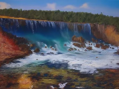 falls of the cliff,niagara falls,gooseberry falls,wasserfall,colorful water,colorful grand prismatic spring,rainbow bridge,brown waterfall,yellowstone national park,niagara,fantasy landscape,yellowstone,water fall,bow falls,geyser,flowing water,water falls,ilse falls,lava river,frederic church,Illustration,Paper based,Paper Based 04