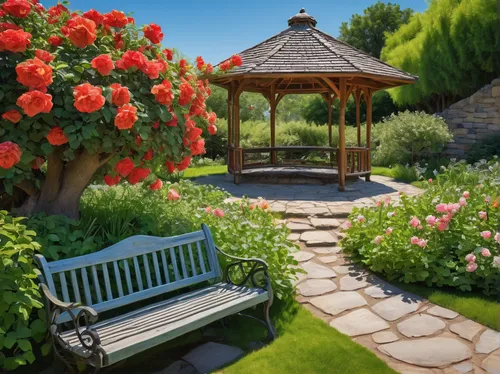 garden bench,red bench,cottage garden,summer border,garden swing,floral corner,floral chair,flower cart,rose garden,flower painting,colored pencil background,pergola,flower bed,digital painting,spring background,springtime background,spring garden,flower garden,home landscape,nature garden,Illustration,Realistic Fantasy,Realistic Fantasy 28