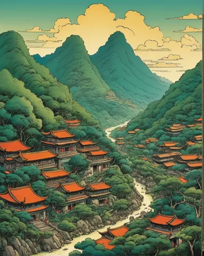 luo han guo,yunnan,japan landscape,rice terrace,oriental painting,cool woodblock images,vietnam,guizhou,mountain village,mountainous landscape,chinese art,mountain scene,yuanyang,mountain landscape,japanese mountains,travel poster,oriental,huashan,tong sui,south korea,Illustration,Paper based,Paper Based 26