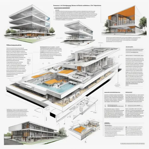  an architectural presentation board of an architectural project of library, floor plans, views, sections, schematic concept studies, perspectives, 3D renders, texts, section drawing of library and te