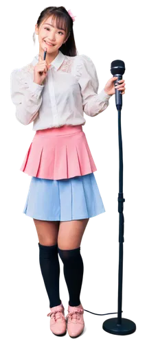 Kawaii girl, Japanese idol, sweet smile, ponytail hair, blue eyes, thick eyelashes, rosy cheeks, cute nose, white blouse, pink skirt, lace socks, black Mary Jane shoes, holding microphone, standing, s