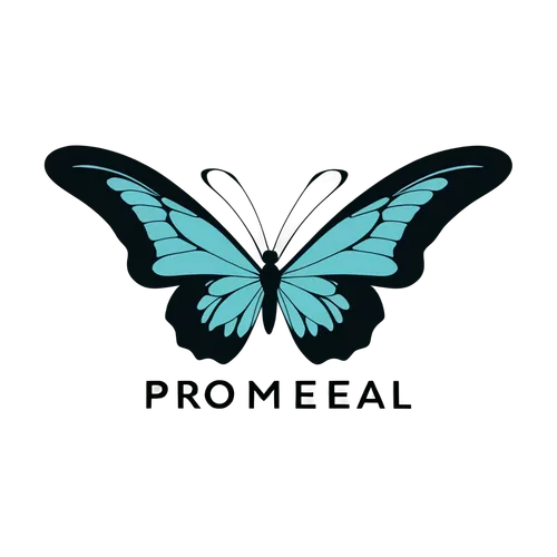 Create a logo for Promeai that incorporates a butterfly and the words. Make it look like it's hand made and organic, while also being modern and realistic,broadleaf,meals,pioneer badge,pecel,promontor