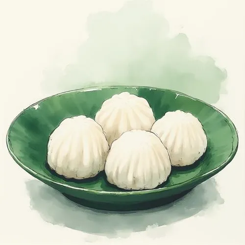 A green plate with several white round mochi cakes.,the image shows a plate of pastries on a table,rice dumpling,jiaozi,tangyuan,daifuku,rice ball,coconut balls