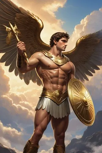 Eros Artemis, Greek god, handsome muscular man, wings, quiver, silver arrows, golden armor, laurel wreath, strong facial features, piercing blue eyes, short brown hair, radiant smile, standing, majest