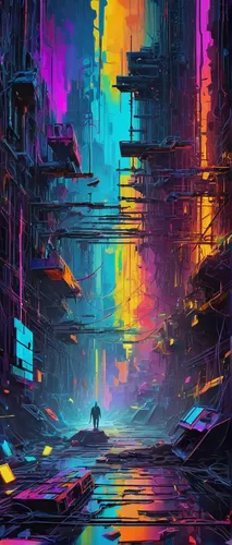 cyberpunk,colorful city,futuristic landscape,vast,scifi,fallen colorful,cityscape,futuristic,colorful background,ultraviolet,vapor,dystopian,dystopia,intense colours,fantasy city,rainbow color palette,cyberspace,colorful light,color fields,descent,Conceptual Art,Oil color,Oil Color 22