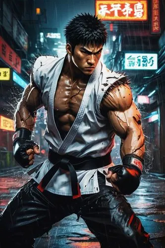 Street Fighter AI, male, muscular, Ryu-like, serious facial expression, piercing brown eyes, spiky black hair, worn-out gloves, white martial arts uniform with torn sleeves, black belt, intense fighti