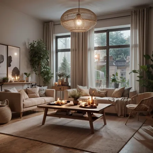 a living room with the light on, candles lit in and open windows,fromental,piramal,inmobiliaria,donghia,home interior,furnivall