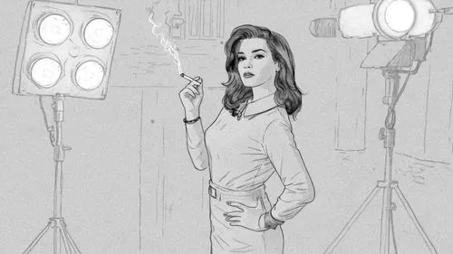 a woman holding a cigarette in a room,rotoscope,rotoscoped,rotoscoping,newswoman,tv reporter,camera drawing,Design Sketch,Design Sketch,Black and white Comic