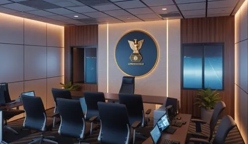 Generate a detailed description of a command control room designed for overseeing complex operations with precision and efficiency. Include specifics about the layout, furnishings, technology, and lig