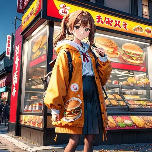 japanese style, manga, realistic,colors,autum,fastfood,a japanese woman is standing in front of a sandwich stand,akihabara,asahina,mikuru asahina,anime japanese clothing,mcada,miku maekawa,Anime,Anime