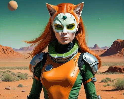 A feline woman, taking a walk through the wasteland. She is a feline human hybrid woman beautiful, captivating, peaciful, feline human face, long straight orange hair, orange and white skin feline col