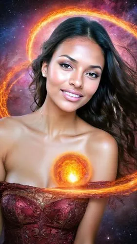 As the celestial body transforms into a radiant mass of pink, orange, and red hues, a radiant woman with radiant passion swirls in a breathtaking display of fiery passion. Her gaze radiates a thick, r