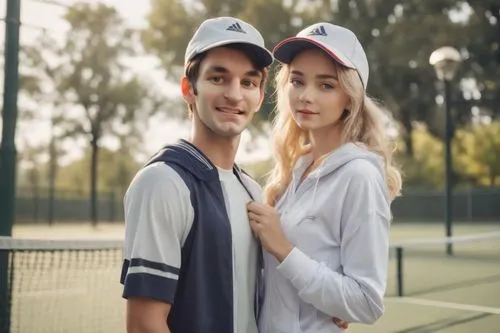 худой парень в кепке обнимает русскую девушку,a man and woman standing next to each otherу,tennis,teamtennis,tennis lesson,federer,tennis coach,vytenis,Photography,Natural