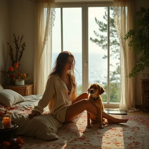 girl with dog,helios 44m7,helios 44m,helios 44m-4,morning light,pyjama,Photography,Fashion Photography,Fashion Photography 01